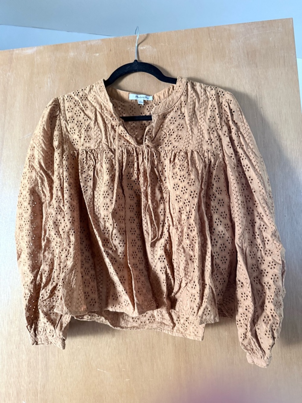 Madewell Eyelet Tie-Neck Blouse on in Mustard